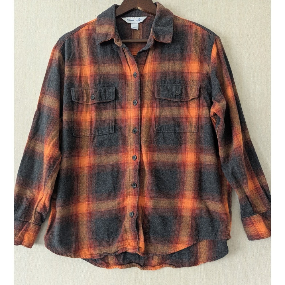 Old Navy Evermore Swifty Small Orange Black Plaid Flannel Boyfriend Relax Shirt